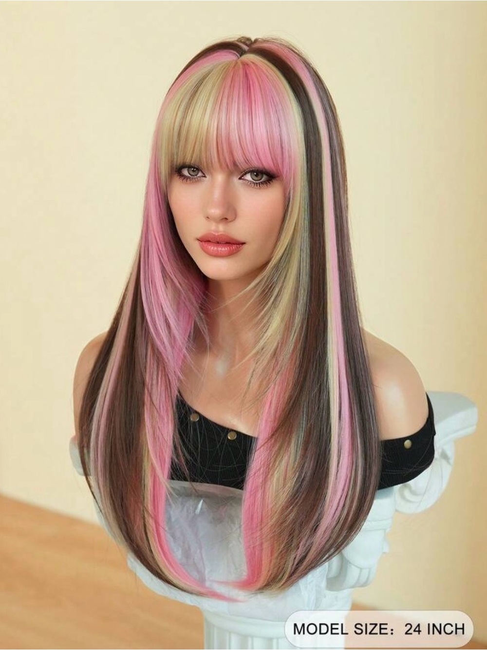 Multi-Tone Pink, Brown & Blonde Women’s Long Layered Wig with Bangs